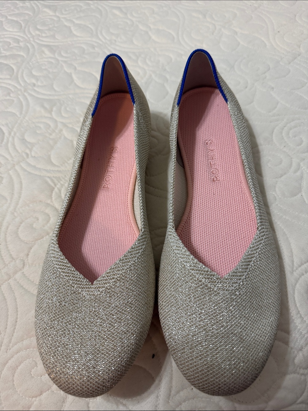 Rothy's Sparkling Silver Ballet Flats with Pink Insole